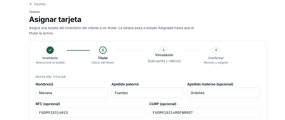 Asignación de tarjeta en el panel zenit